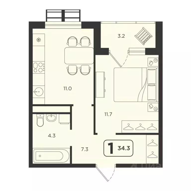 1-к кв. Тюменская область, Тюмень  (34.3 м) - Фото 1