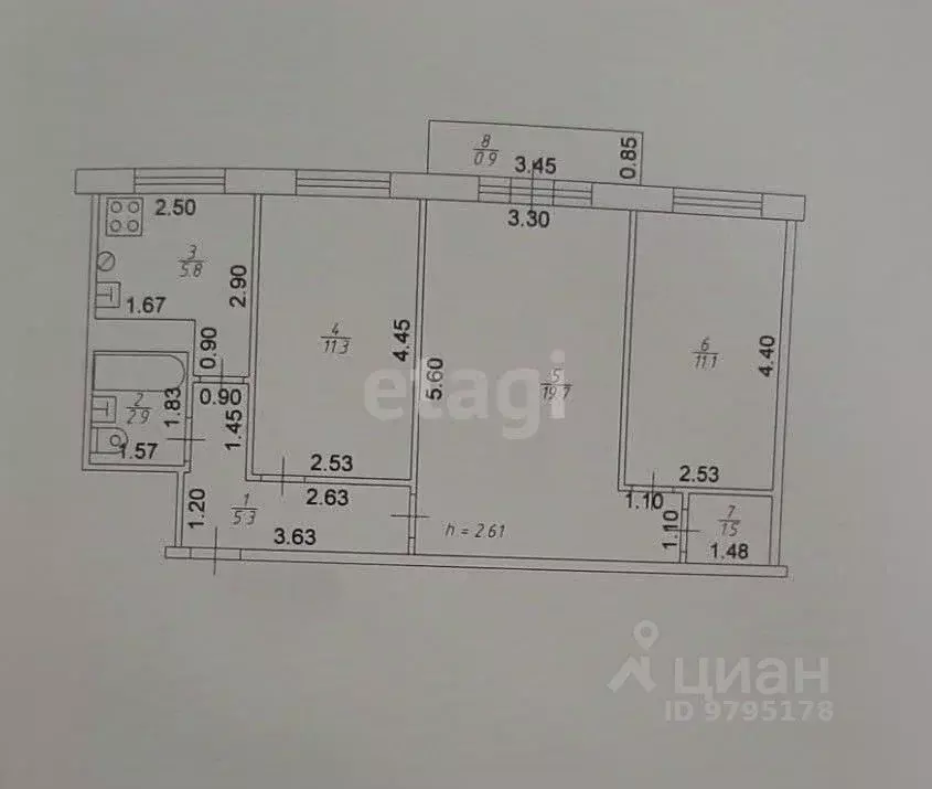 3-к кв. Татарстан, Казань ул. Курчатова, 18 (57.6 м) - Фото 2