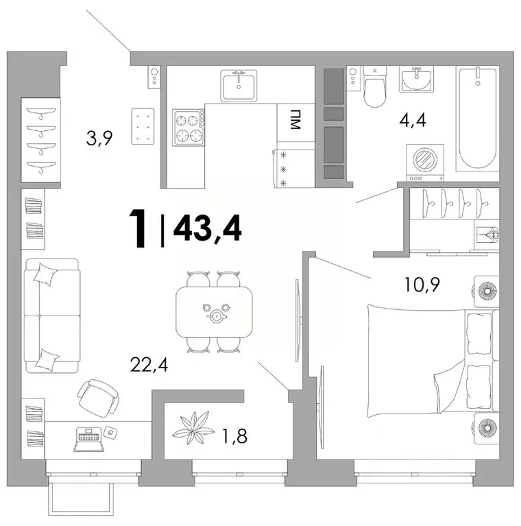 1-к кв. Владимирская область, Владимир Уно жилой комплекс (43.4 м) - Фото 1