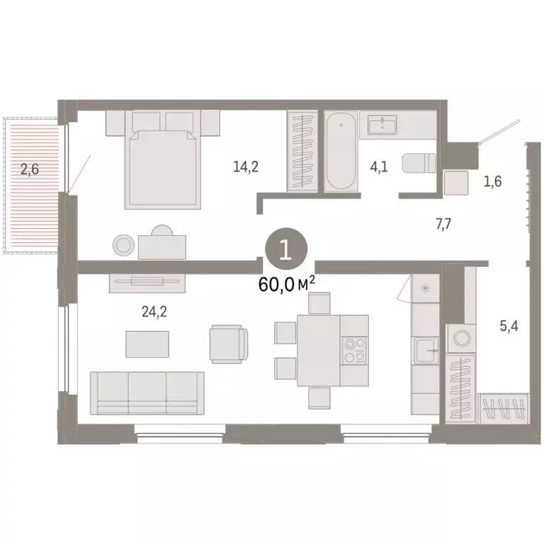 1-комнатная квартира: Тюмень, Мысовская улица, 26к2 (59.95 м) - Фото 1