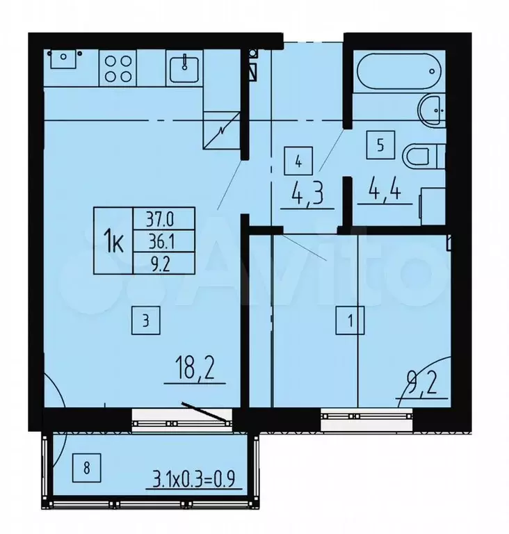 1-к. квартира, 37 м, 3/8 эт. - Фото 1