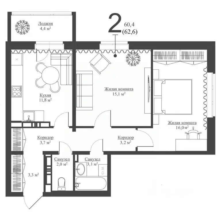 2-к кв. Татарстан, Зеленодольск Мирный мкр,  (60.8 м) - Фото 1