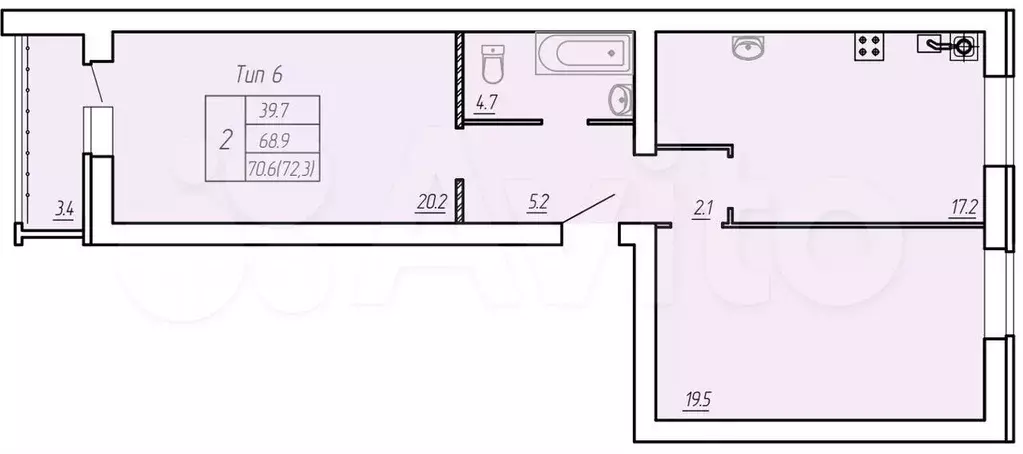 2-к. квартира, 72.3 м, 7/9 эт. - Фото 1