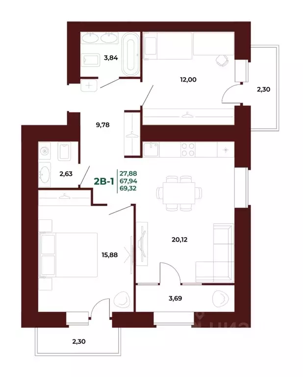 2-к кв. Пензенская область, Пенза Арбери жилой комплекс (70.0 м) - Фото 1