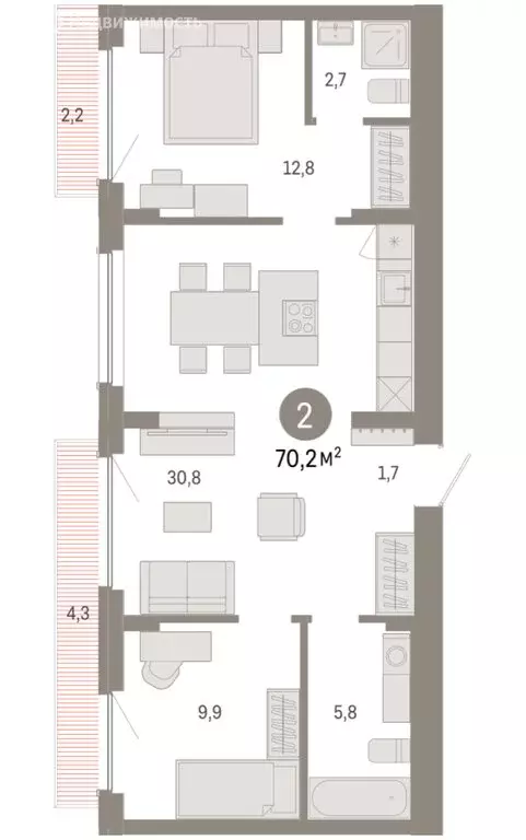 2-комнатная квартира: Новосибирский район, рабочий посёлок Краснообск, ... - Фото 2