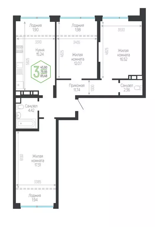 3-комнатная квартира: Краснодар, Обрывная улица, 132/1к25 (85.48 м) - Фото 1