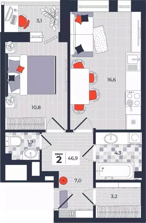 2-к кв. Тульская область, Тула ул. Академика Насоновой, 1А (46.9 м) - Фото 0
