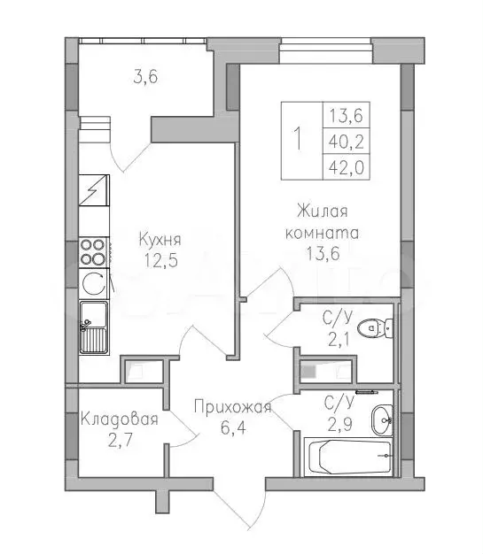 1-к. квартира, 42 м, 6/10 эт. - Фото 1