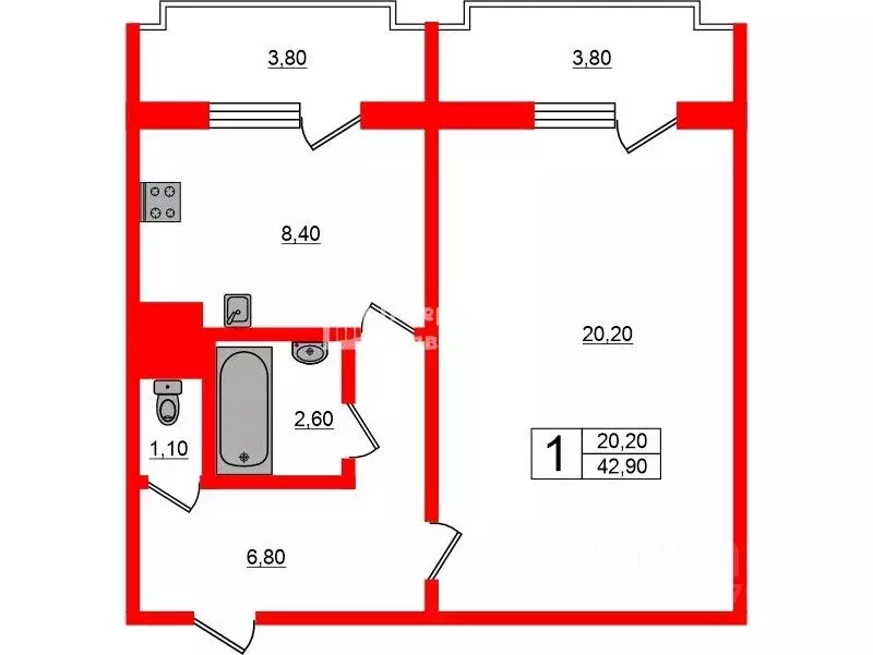 1-к кв. Санкт-Петербург ул. Тамбасова, 21к2 (42.9 м) - Фото 1