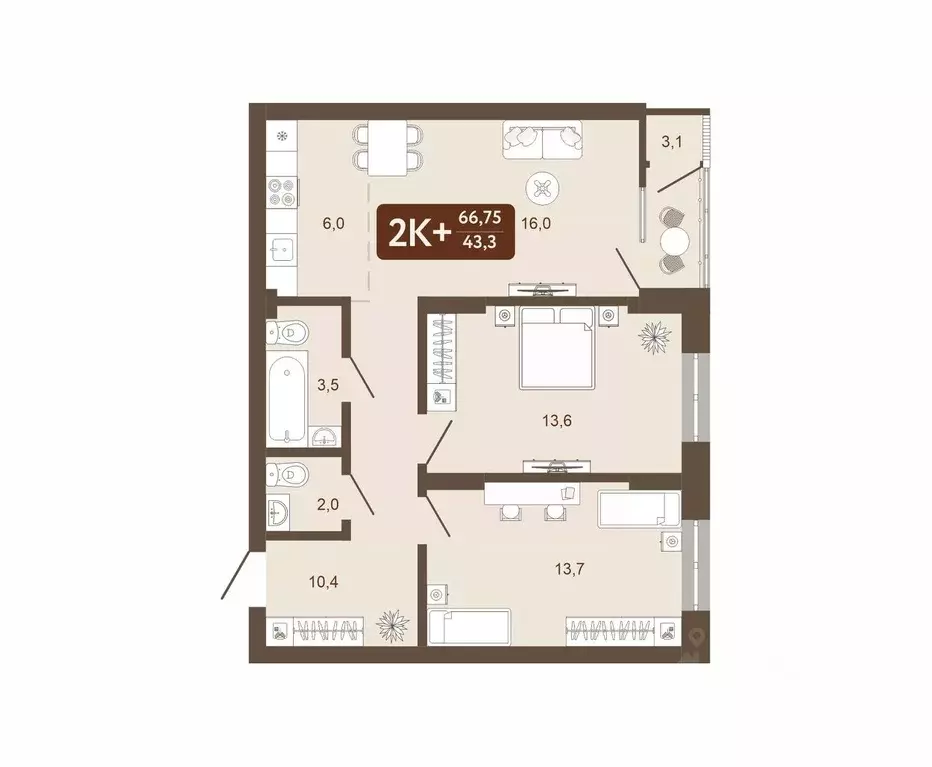 2-к кв. Кемеровская область, Кемерово 58В мкр,  (66.75 м) - Фото 0