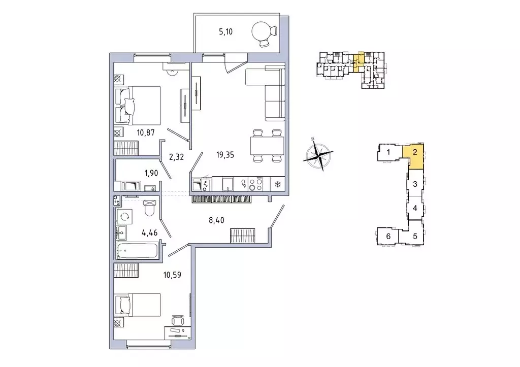 2-комнатная квартира: Гатчина, микрорайон Въезд (60.44 м) - Фото 1