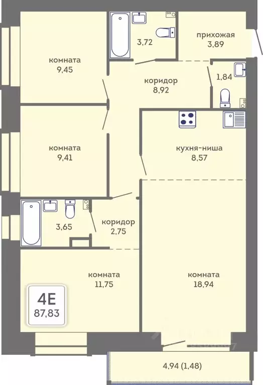 4-к кв. Пермский край, Пермь Кировоградская ул., 28 (87.83 м) - Фото 1