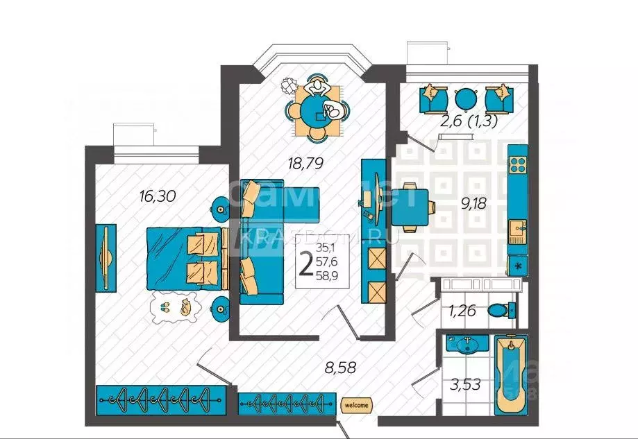 Квартира, 2 комнаты, 60 м - Фото 1