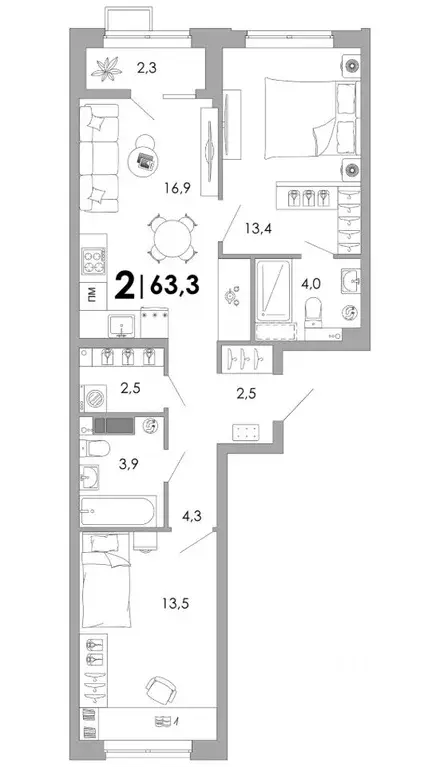 2-к кв. Владимирская область, Владимир Уно жилой комплекс (63.3 м) - Фото 1