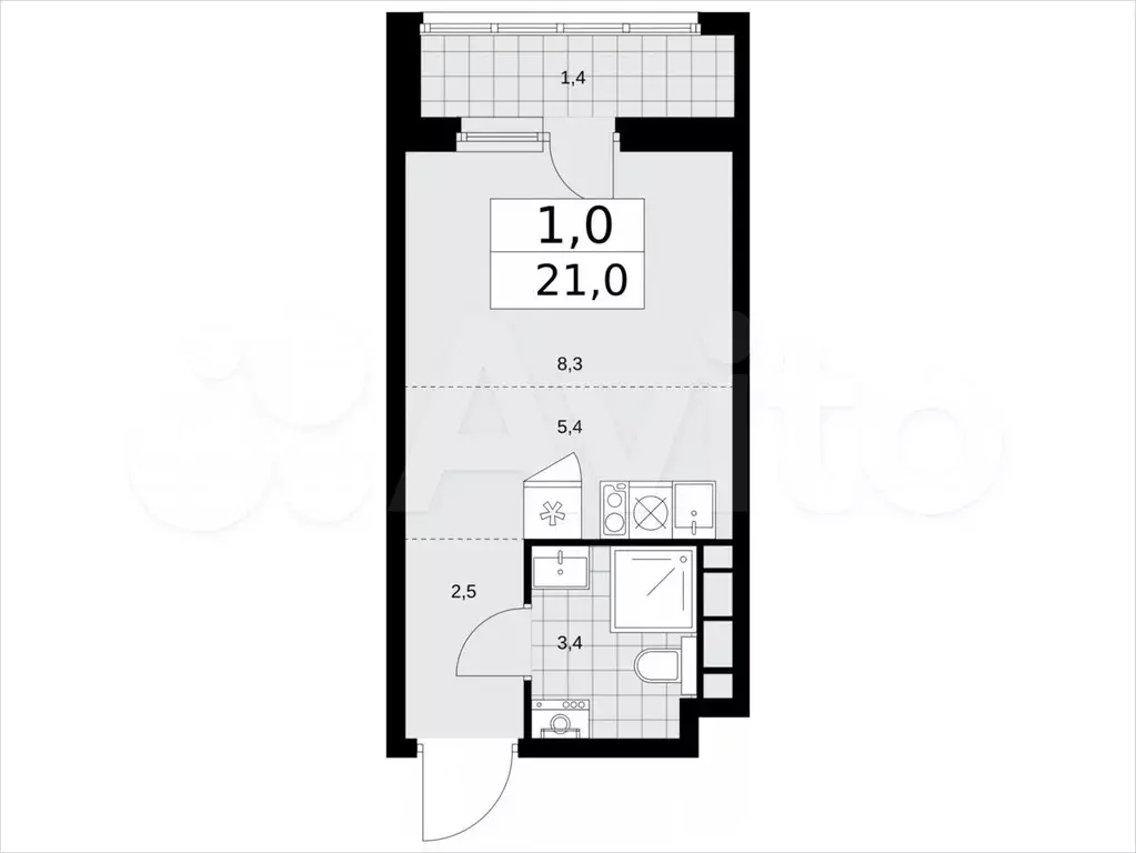 Квартира-студия, 21м, 7/14эт. - Фото 1