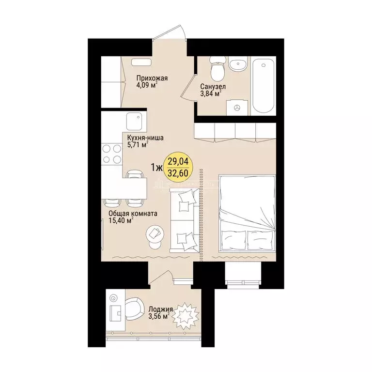 1-комнатная квартира: село Семёновка, Молодёжная улица, 17 (32.6 м) - Фото 1