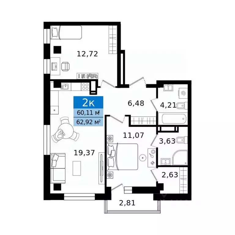 2-к кв. Курганская область, Курган просп. Конституции (62.92 м) - Фото 2