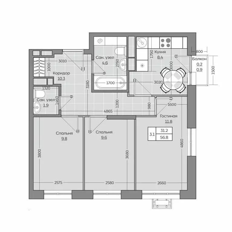3-комнатная квартира: село Усады, улица Тёплых Встреч, 7 (56.87 м) - Фото 1