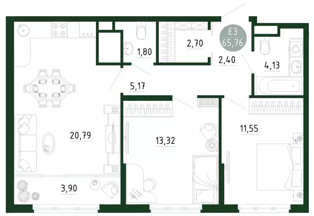 2-к кв. Тульская область, Тула Платон Парк жилой комплекс (65.76 м) - Фото 1