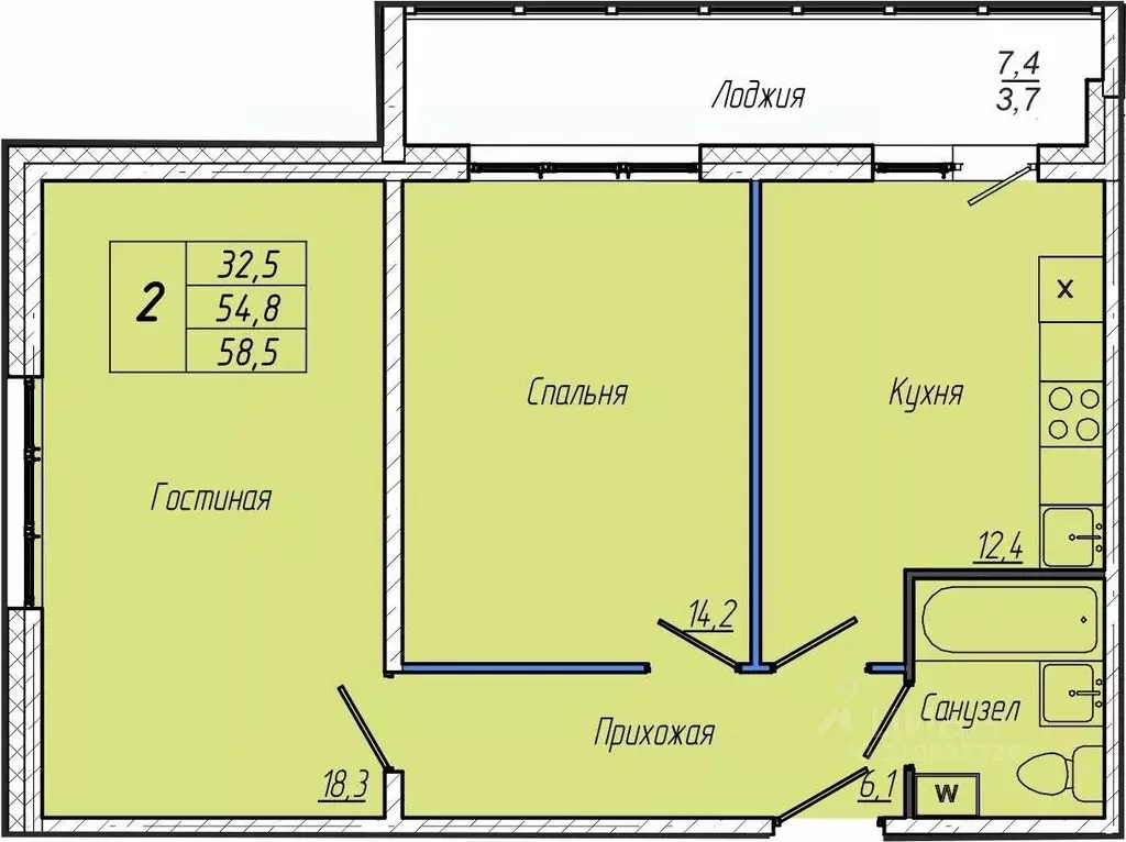 2-к кв. Кемеровская область, Кемерово просп. Притомский, 30А (58.5 м) - Фото 1