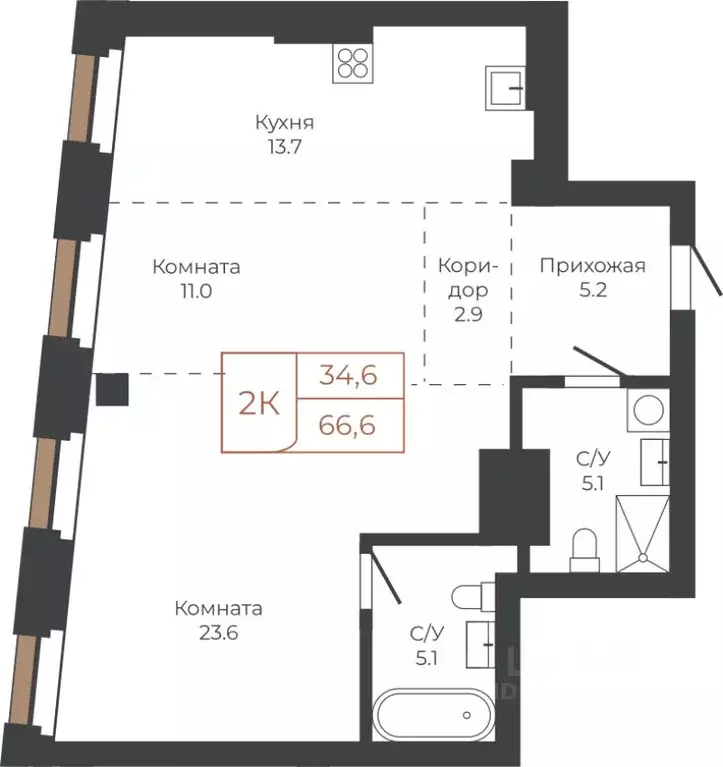 2-к кв. Алтайский край, Барнаул пл. Баварина, 8к1 (66.2 м) - Фото 1