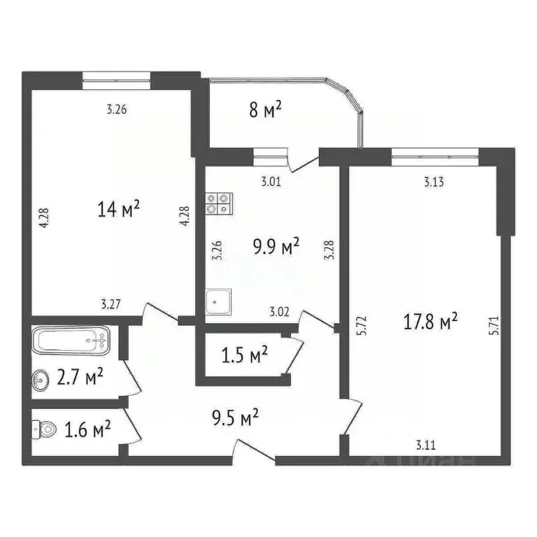 2-к кв. Тульская область, Тула ул. Циолковского, 2Г (57.0 м) - Фото 0