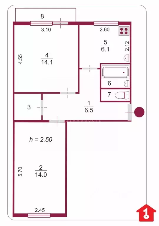 2-к кв. Омская область, Омск Новороссийская ул., 3 (45.5 м) - Фото 2