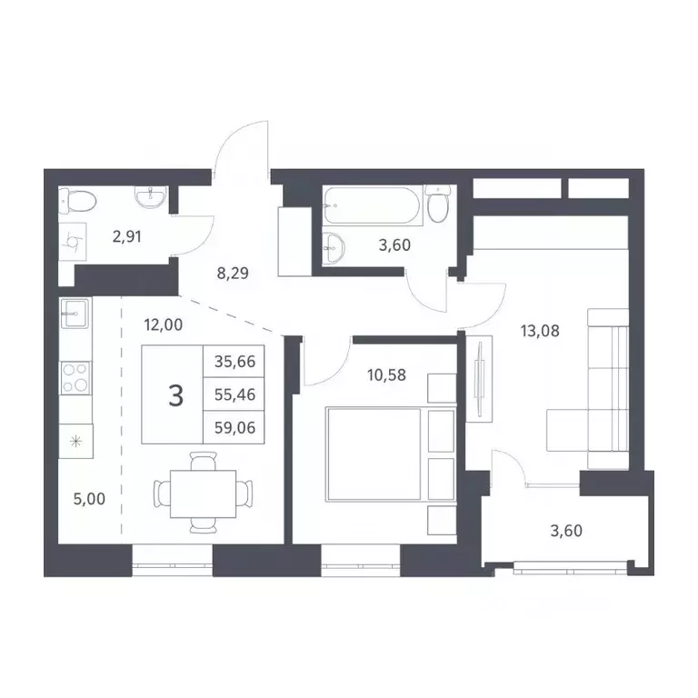 2-к кв. Новосибирская область, Новосибирск ул. Тюленина, 3 (55.46 м) - Фото 0