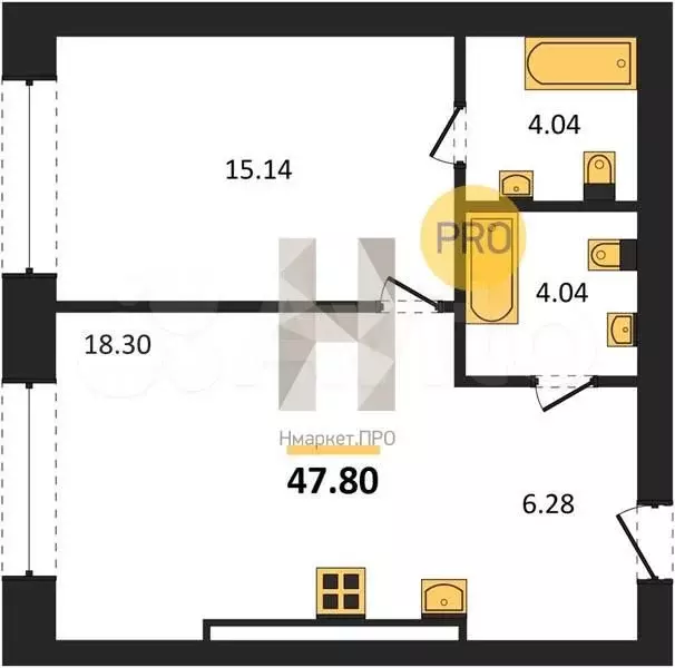 1-к. квартира, 47,8 м, 1/9 эт. - Фото 1