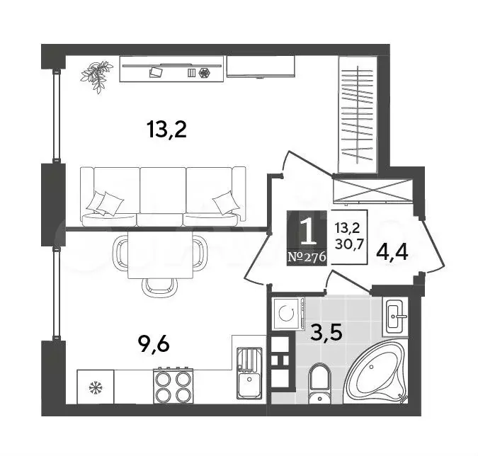 1-к. квартира, 30,7 м, 8/9 эт. - Фото 1