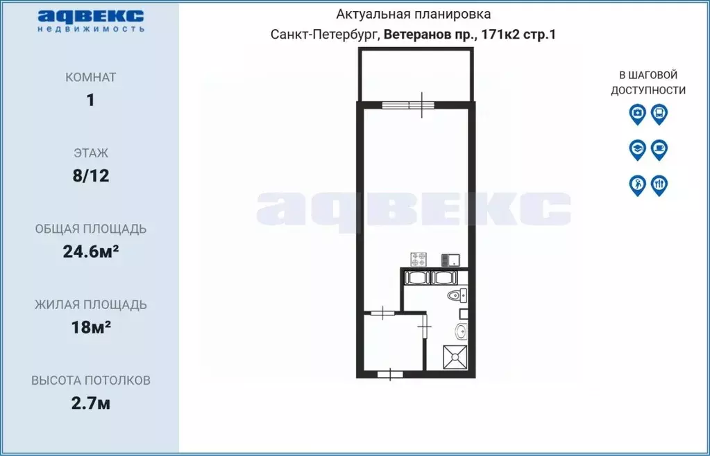 Студия Санкт-Петербург просп. Ветеранов, 171к2 (24.6 м) - Фото 2