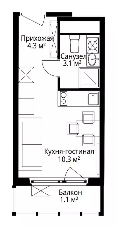 Квартира-студия: деревня Сапроново, микрорайон Купелинка, квартал ... - Фото 2