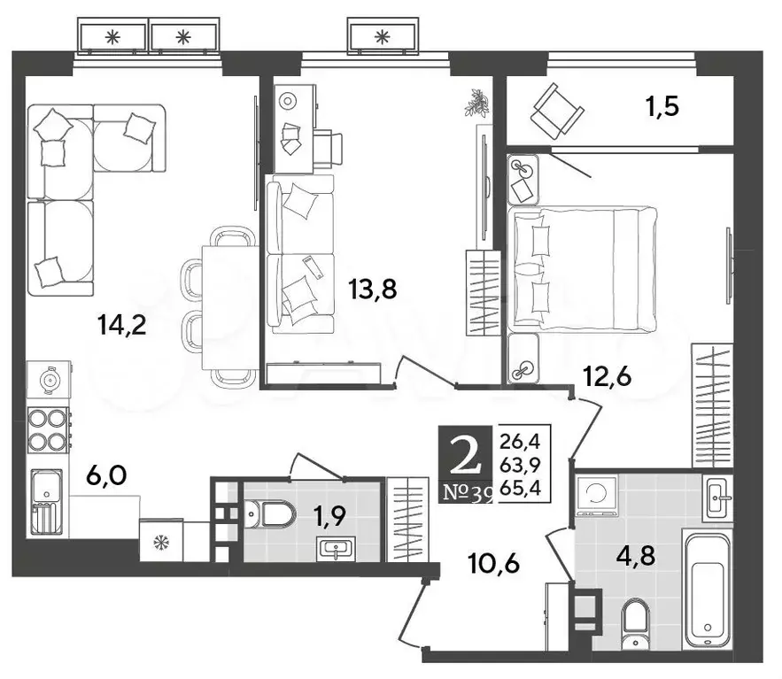 2-к. квартира, 65,4 м, 9/9 эт. - Фото 0