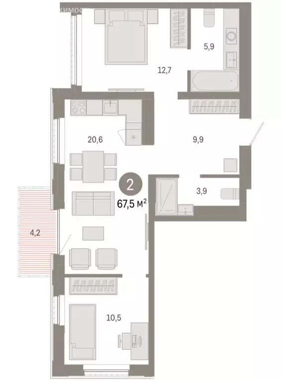 2-комнатная квартира: Тюмень, микрорайон ДОК, ЖК Октябрьский на Туре ... - Фото 2