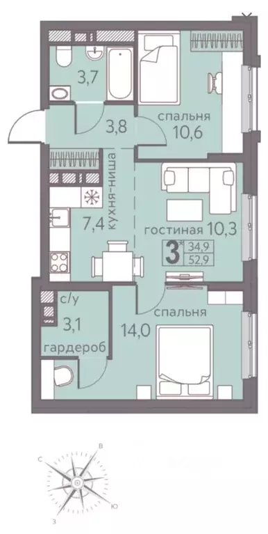 3-к кв. Пермский край, Пермь ул. Серебристая, 5 (52.9 м) - Фото 1