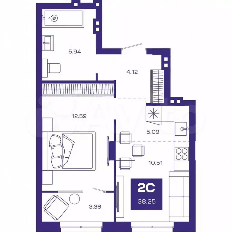 2-к. квартира, 39,5 м, 2/8 эт. - Фото 0