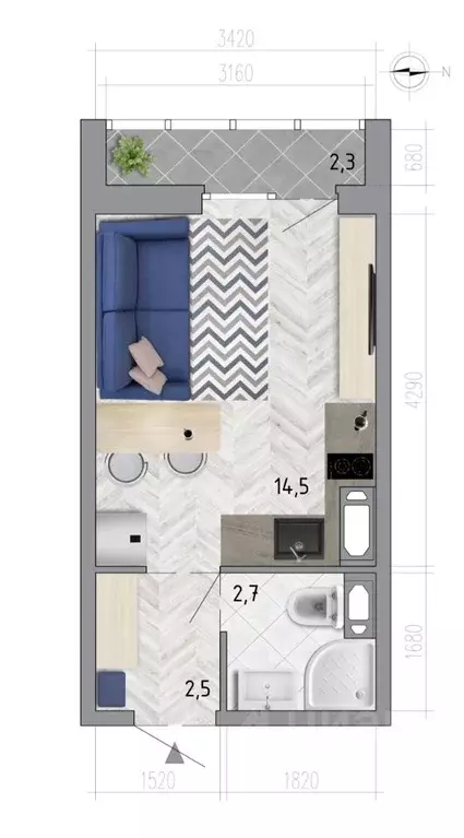 Студия Воронежская область, Воронеж ул. Федора Тютчева, 107 (20.9 м) - Фото 1