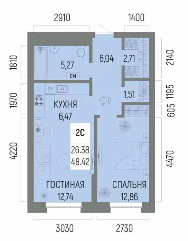 2-комнатная квартира: Уфа, улица Рудольфа Нуреева (48.42 м) - Фото 2