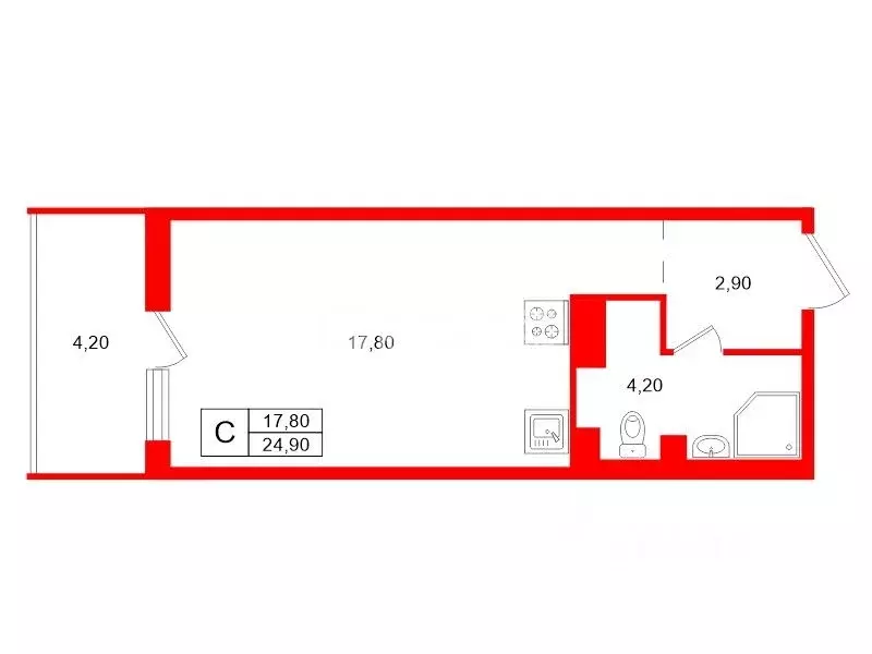 Студия Санкт-Петербург ул. Летчика Лихолетова, 14к2 (24.9 м) - Фото 1