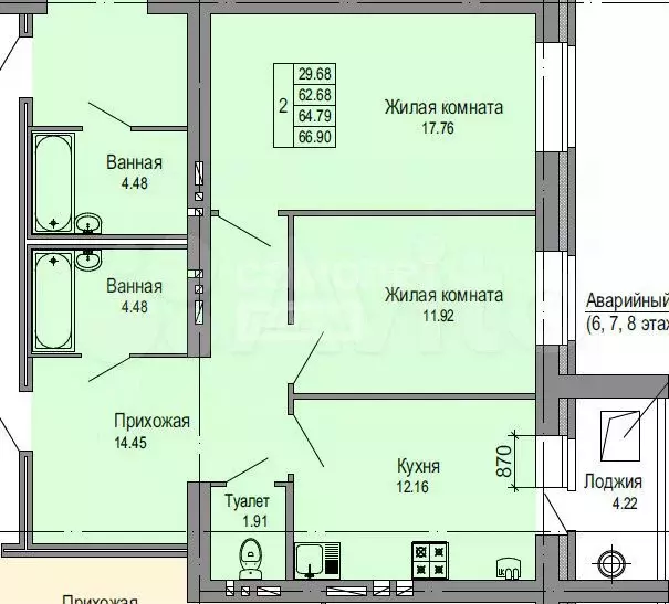 2-к. квартира, 66,9 м, 5/9 эт. - Фото 0