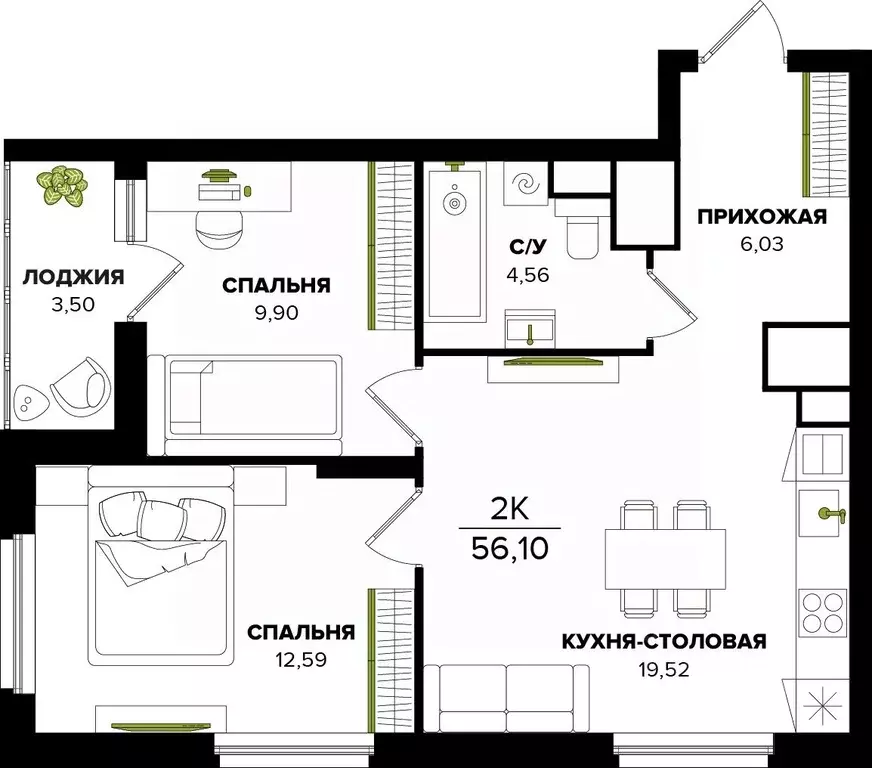 2-к кв. Тульская область, Тула  (56.1 м) - Фото 1