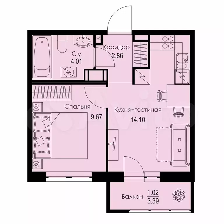 1-к. квартира, 31,7 м, 8/9 эт. - Фото 0