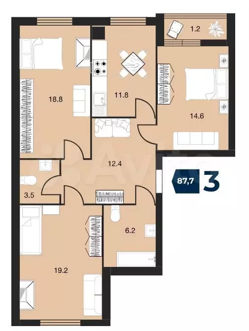 3-к. квартира, 87,1 м, 1/9 эт. - Фото 1