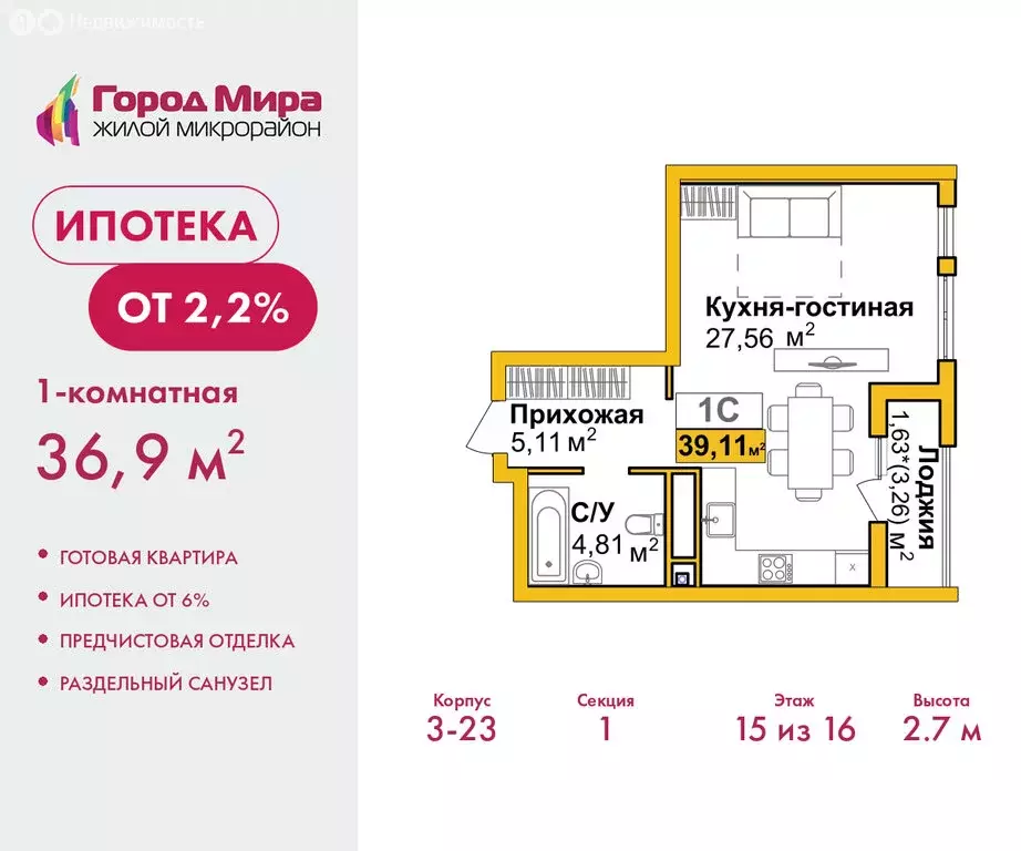 1-комнатная квартира: Симферополь, улица Батурина, 177к2 (36.9 м) - Фото 1