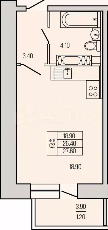 Квартира-студия, 27,6 м, 4/21 эт. - Фото 1