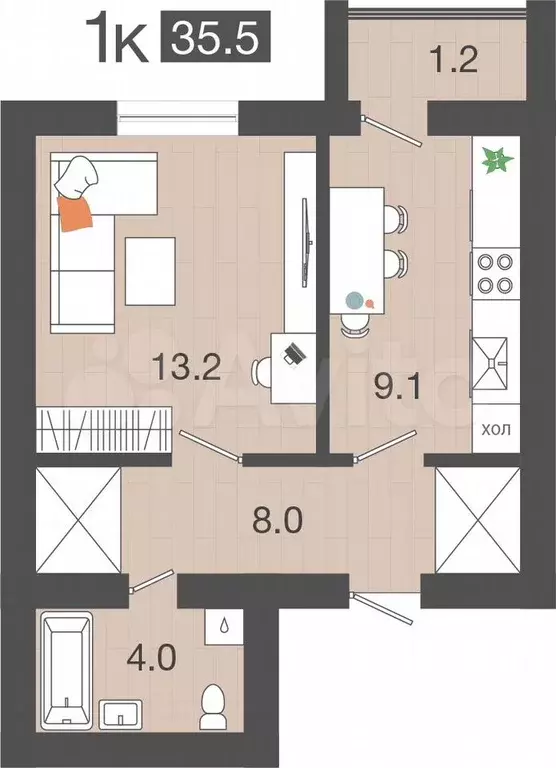 1-к. квартира, 35,5 м, 4/4 эт. - Фото 1