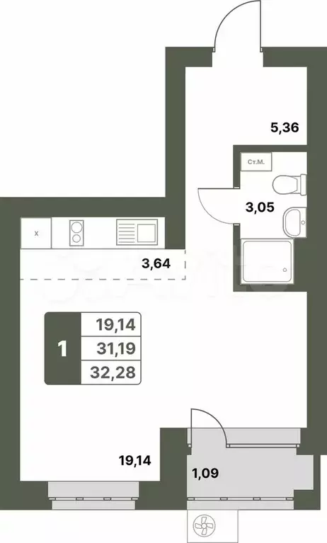 1-к. квартира, 32,3 м, 3/6 эт. - Фото 0