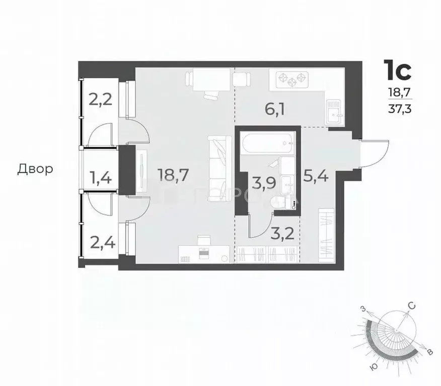 Студия Новосибирская область, Новосибирск ул. Аэропорт, 49/1 (37.7 м) - Фото 1