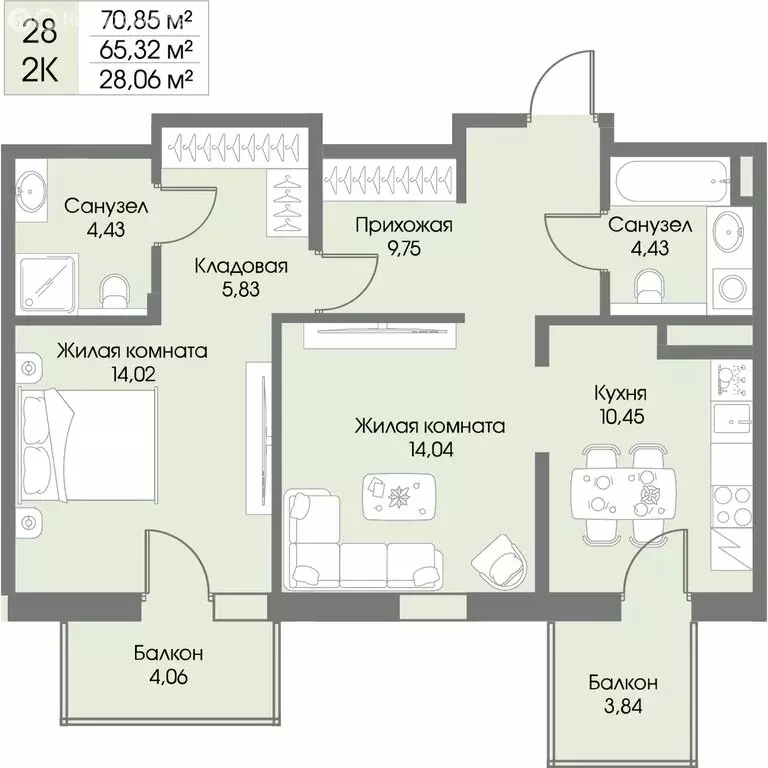 2-комнатная квартира: Рощино, ЖК Резиденция Рощино (65.32 м) - Фото 0