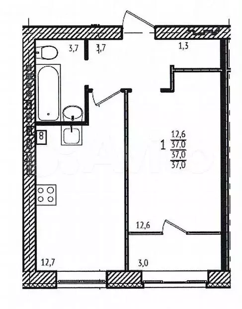 1-к. квартира, 38,2м, 1/3эт. - Фото 1